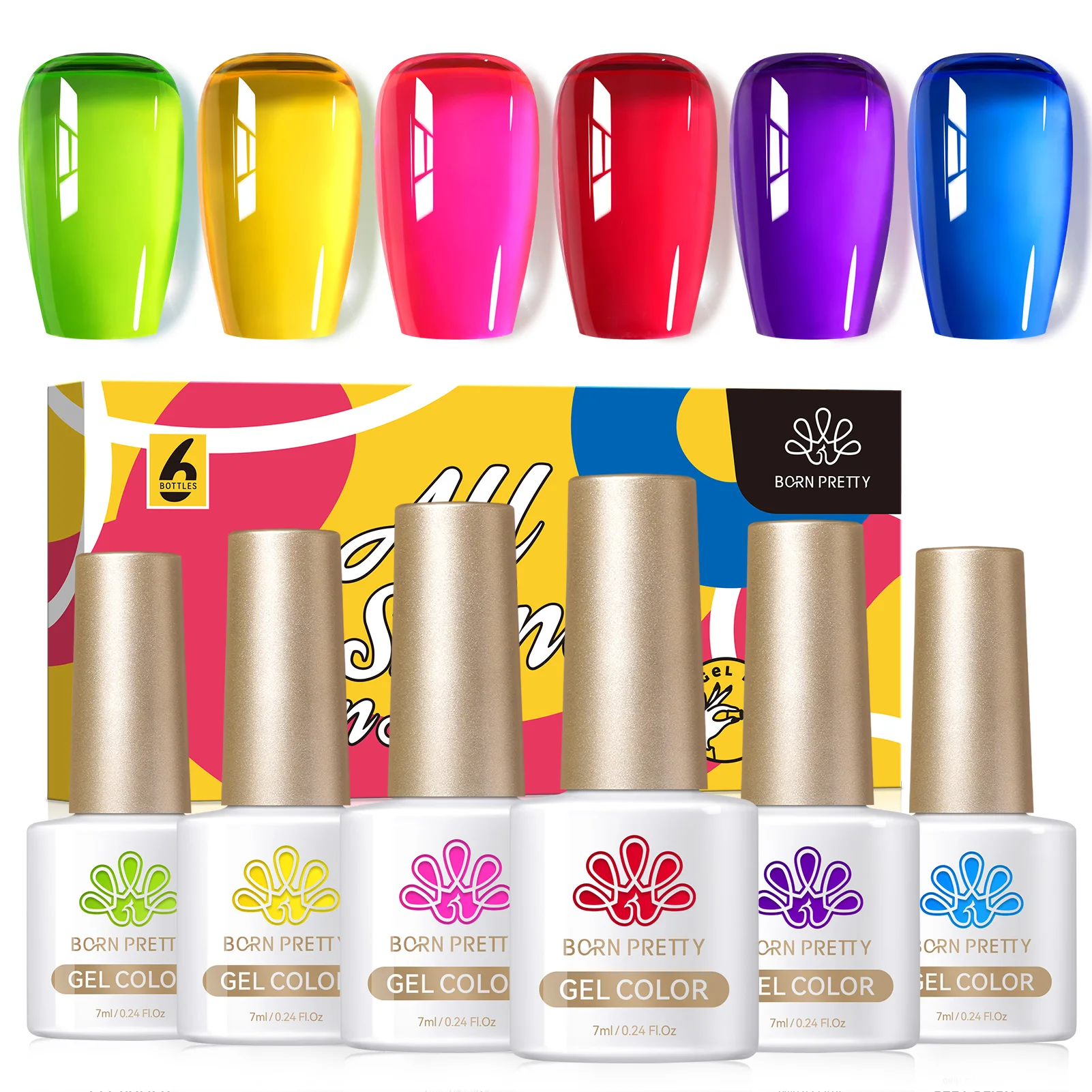 BORN PRETTY 6pcs Neon Glass Jelly Color Gel Nail Polish Set Summer Translucent Blue Pink Yellow Soak Off UV LED Varnish Set