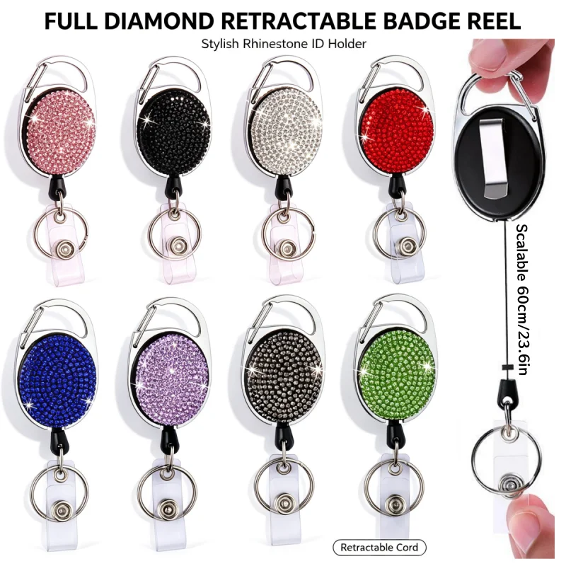 1/2pcs Sparkle Retractable Crystal ID Name BadgeHolderBling Work Card Badge Reel,Fashion  Rhinestone Badge Car Bag Keychain