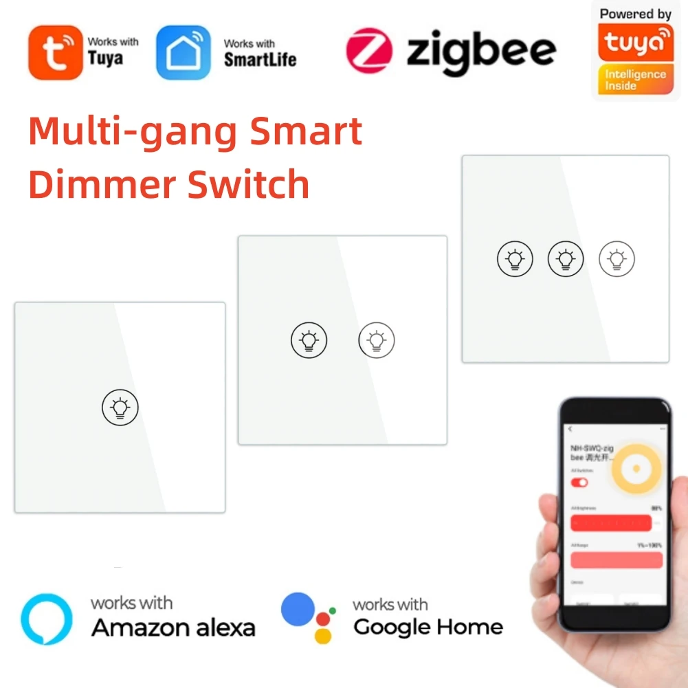 

1/2/3 Gang Tuya ZigBee Smart Dimmer Switch Dimmable Panel Switch Voice Control for Alexa Google Home Work with Zigbee Gateway