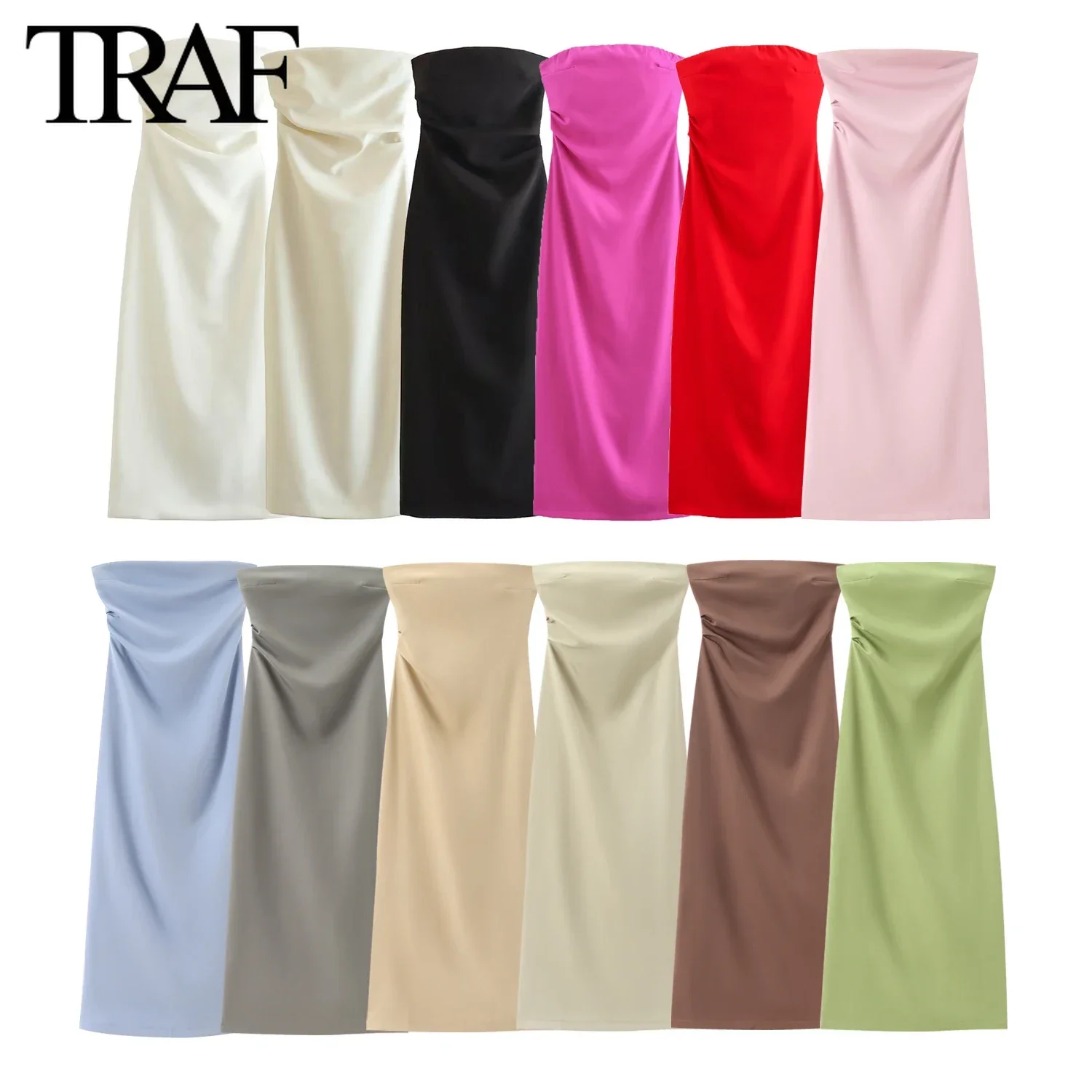 TRAF Women Fashion Summer New Sexy Split Back Zip Pleated Sleeveless Strapless Dress Chic Female French Elegant Evening