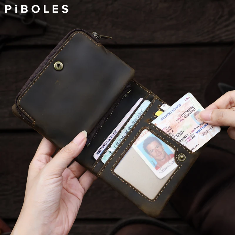

Crazy Horse Leather Card Wallet Genuine Leather Card Slot Slim Women Male Remove Zip Coin Purse with Notes Compartment