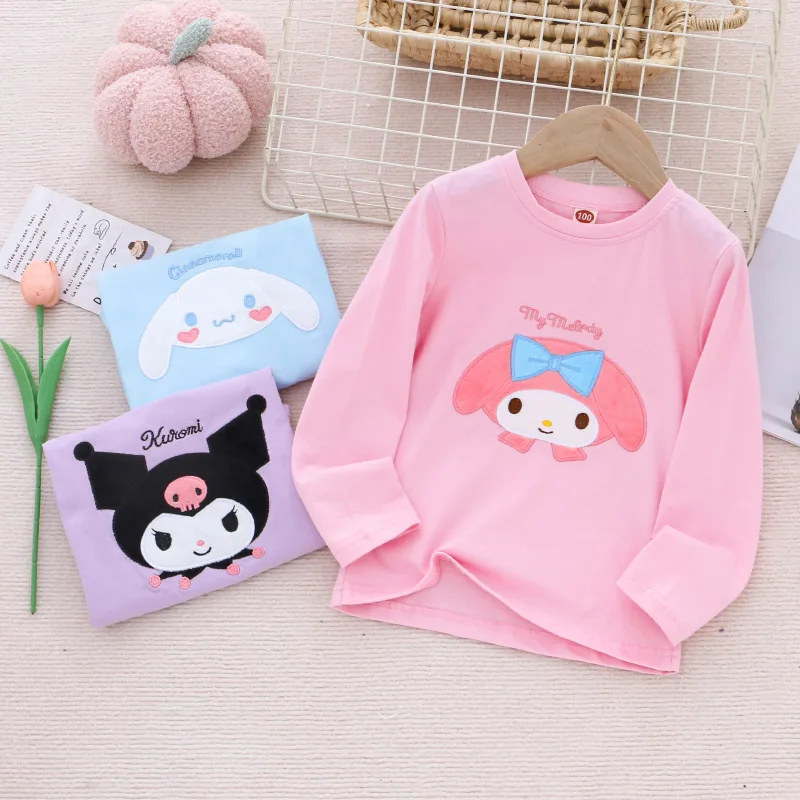 Kawaii Sanrio Kuromi Children Clothes My Melody Cinnamoroll Anime Girls Autumn Long-Sleeved T-Shirt Cartoon Cute Top Kid Gift