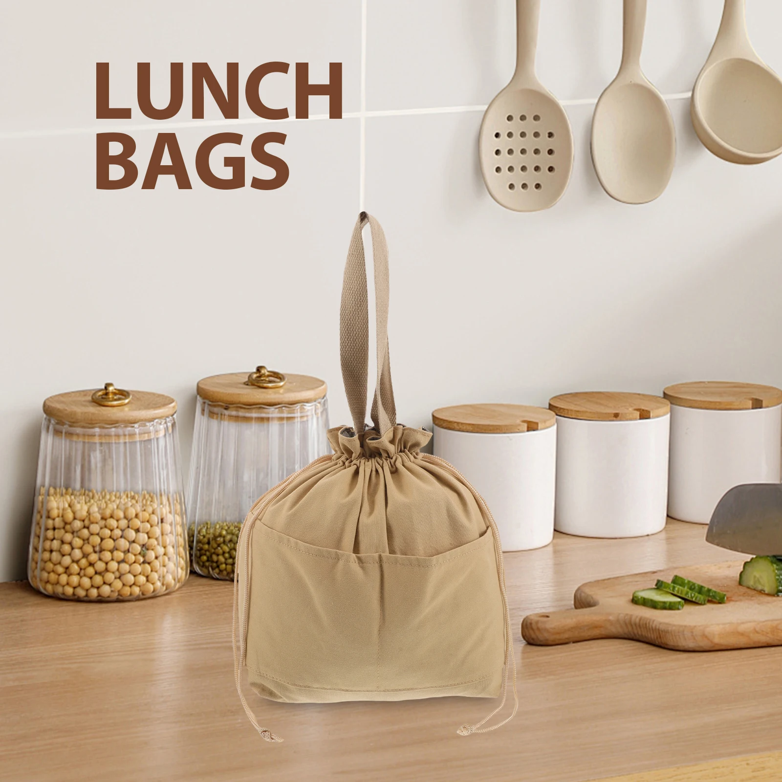 

Japanese-style Insulation Lunch Box Bag Drawstring Picnic Tote Insulated Bento Canvas Handbag Khaki Office