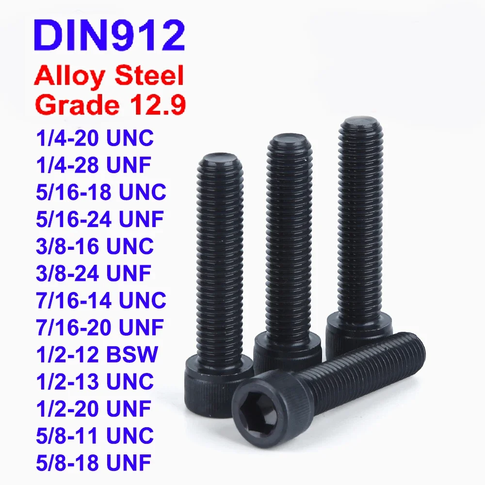 

DIN912 1/4'' to 5/8'' UNC UNF Thread Grade 12.9 Alloy Steel Black Hex Socket Knurled Cap Head Bolts Allen Key Screws