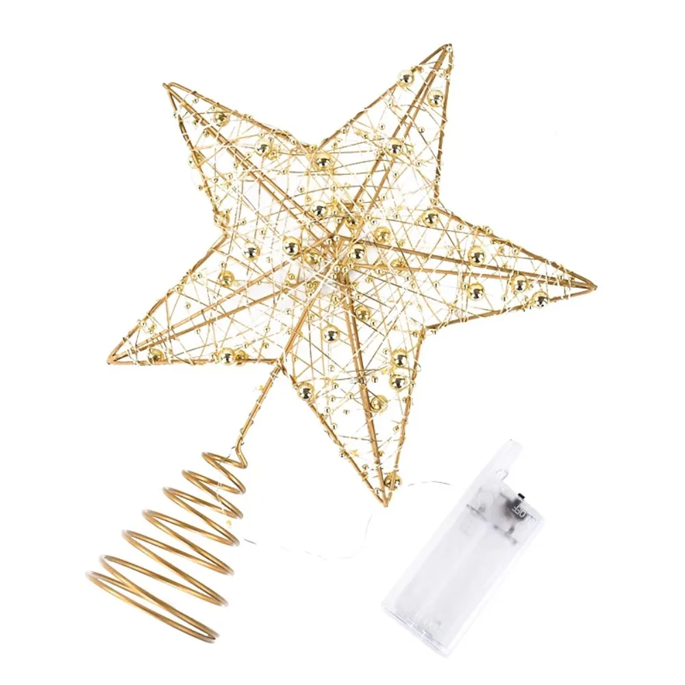 Pearl Wire Christmas Tree Star Topper Gold Iron 2025 New Year Xmas Tree Ornaments LED Light Natal Noel Home Decoration