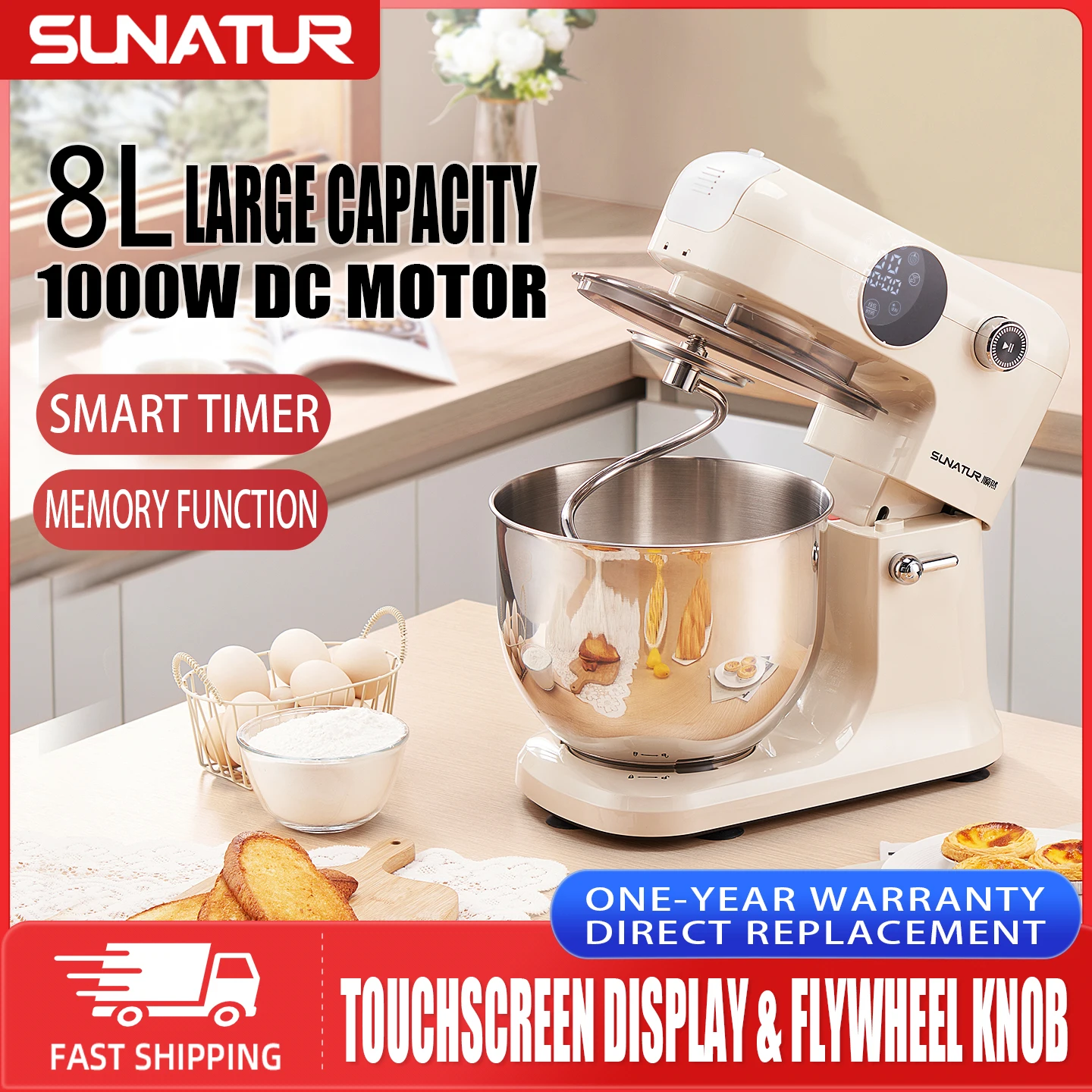 Shunran 8L Standmixer mit DC-Motor, Automatischer Teigkneter, Multifunktionaler Mixer für Heim- und Gewerbliche Backerei