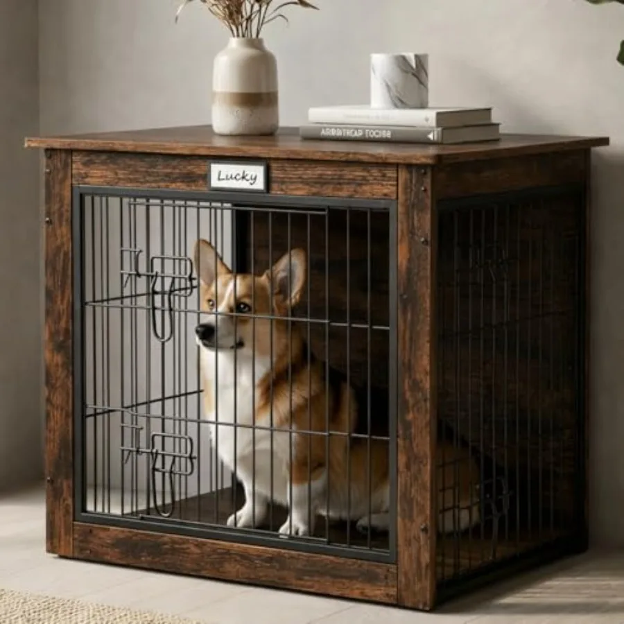 

Dog Crate Furniture with Reversible Side Door, 28'' Heavy Duty Wooden Dog Kennel Indoor for Small Medium Dogs, Furniture Style