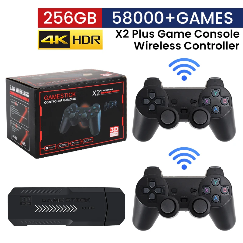 X2 Plus 게임 스틱, 4K HD 비디오 게임 콘솔, 2.4G 더블 무선 컨트롤러, N64, PSP, PS1, GBA용 