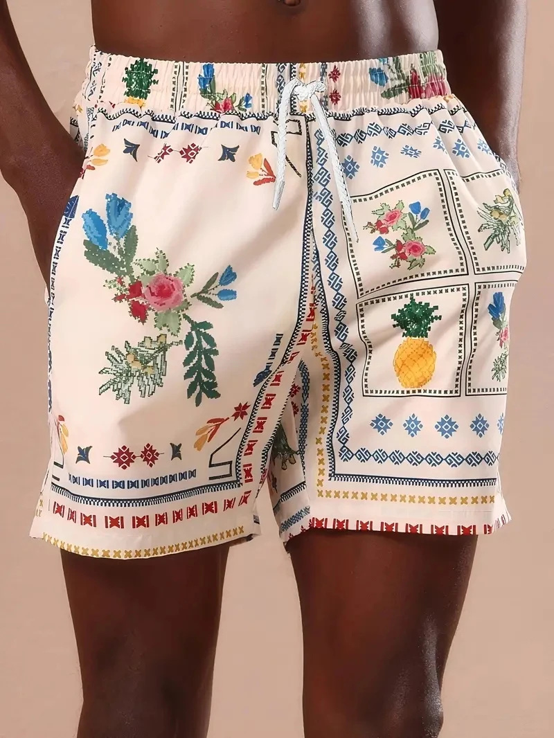 Hawaiian-style fish-patterned 3D-printed men's swim trunks, suitable for summer casual swimwear, outdoor travel, and surfing.