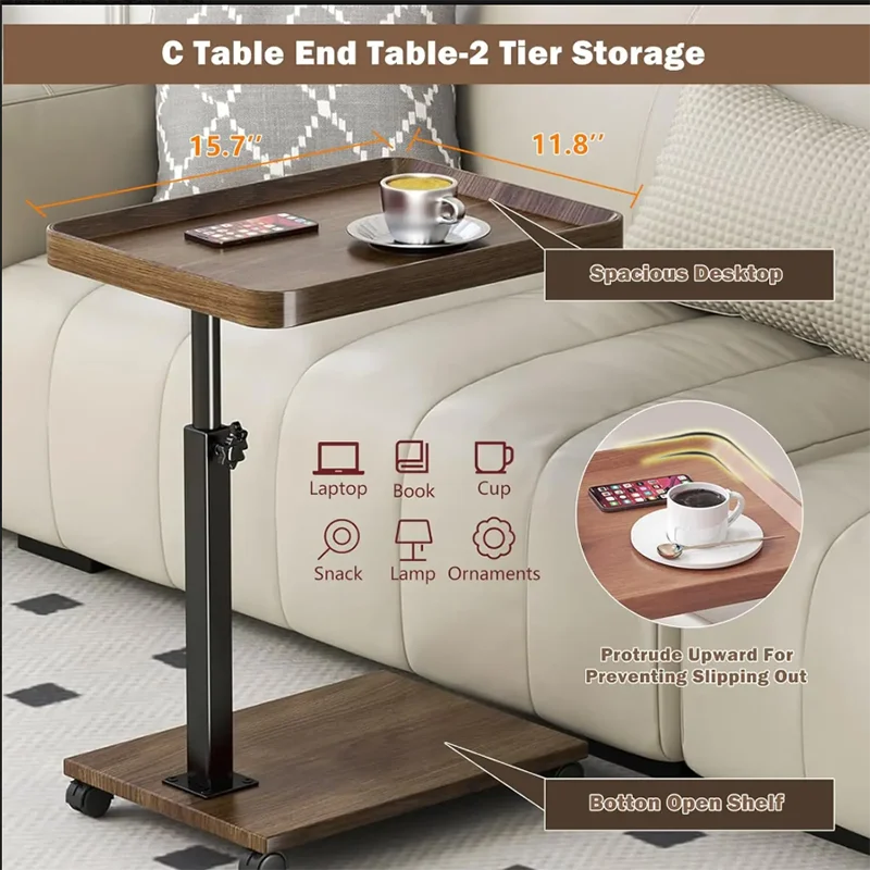 Mesa auxiliar de sofá de altura ajustable de lujo, mesa de centro portátil en forma de C, escritorio para ordenador portátil, bandeja giratoria para sofá, mesa para RV, hogar y dormitorio