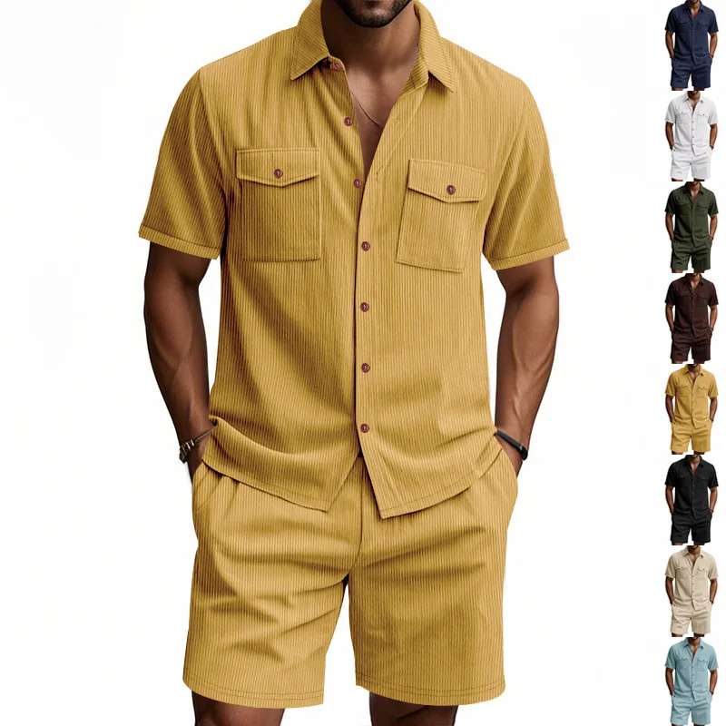 

Summer Men's Corduroy irt And ort Sweed orts Two-Piece Casual Sportswear Polyester Fiber ort Sve ort Length