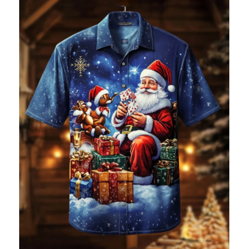 2024 kerst grafische kerstman heren shirts Hawaiian Harajuku tops korte print tee revers mode vakantie oversized kleding