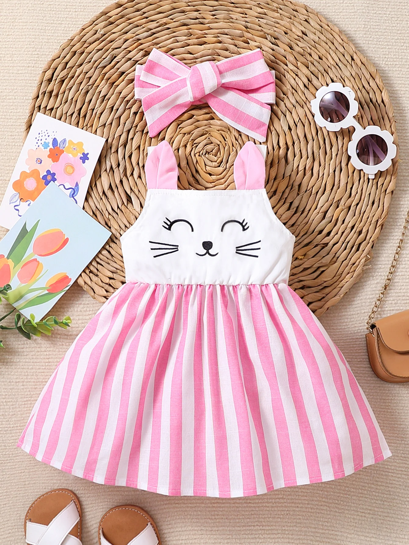 Summer Newborn Baby Cat Stripe Dress Set Sweet Style 3D Cat Ear Sleeveless Princess Skirt with Hairband Two-Piece Outfit