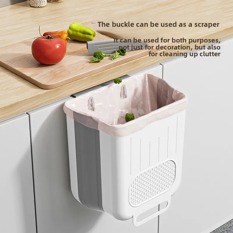 Kitchen Folding Trash Can Wall-mounted Storage Bucket with Scraper Foldable Without Punching