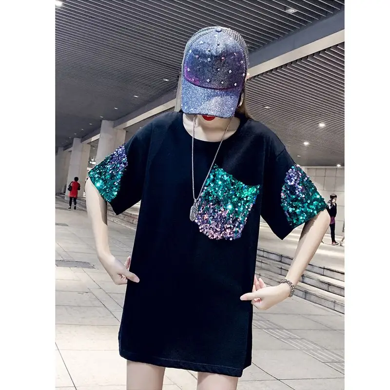 Summer New Round Neck Fashion Short Sleeve T-Shirts Women High Street Casual Loose Pullovers Cotton Sequin Patchwork Chic Tops