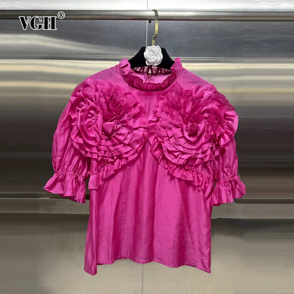 

VGH Solid Patchwork Appliques Casual Blouses For Women Stand Collar Short Sleeve Spliced Zipper Minimalist Blouse Female Fashion