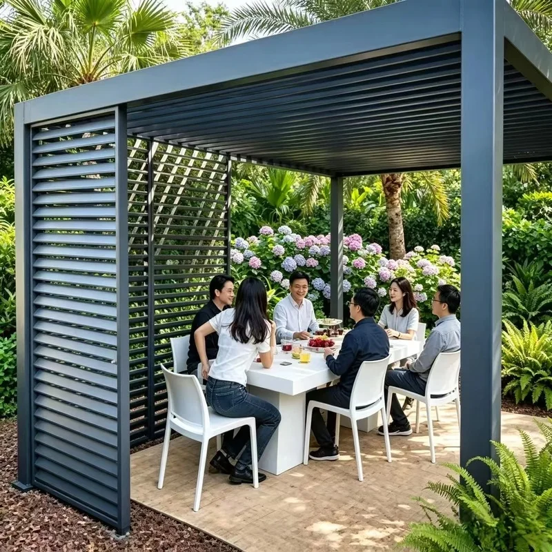 Luxury Aluminum Alloy Powder Coated LED Pergola-Waterproof Windproof Anti-Eco-Friendly Bioclimatic Customizable Garden