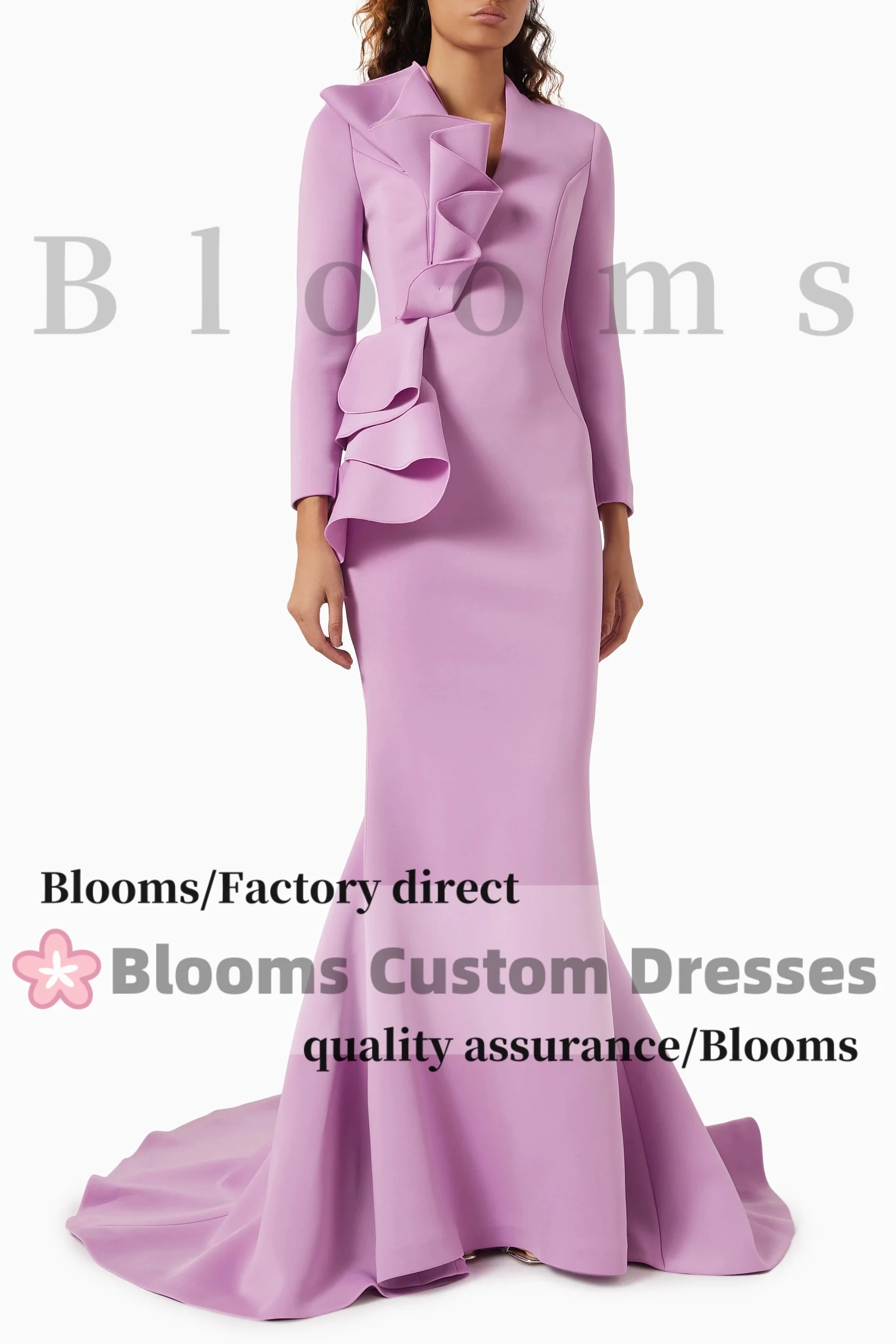 Blooms V-Neck Customized Ruffles Evening Dresses Long Sleeves Mermaid Formal Occasion Party Dress For Prom Wedding