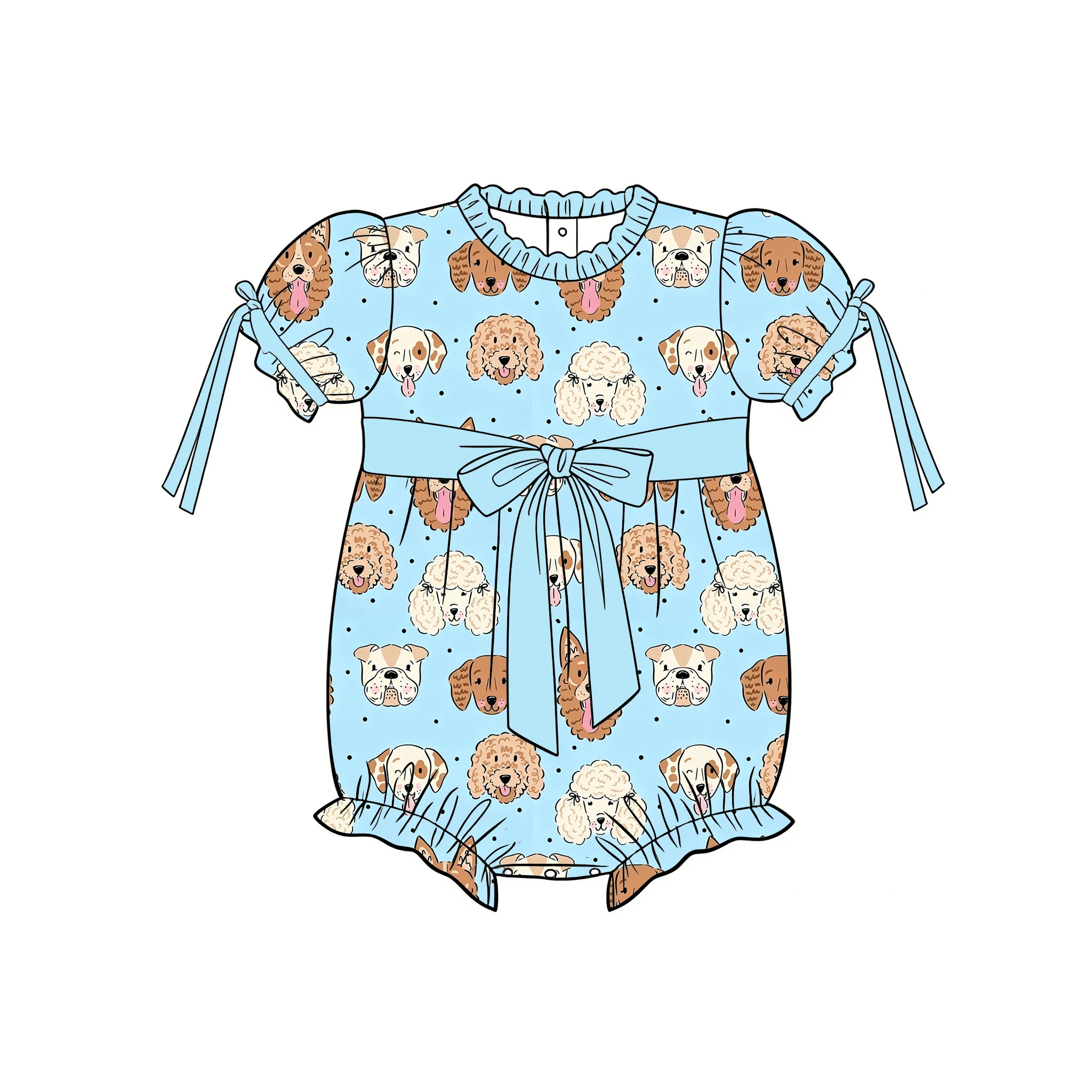 Boutique kid's rompers ruffled collar puff sleeves bow decoration snap closures puppy and flowers print Custom and wholesale