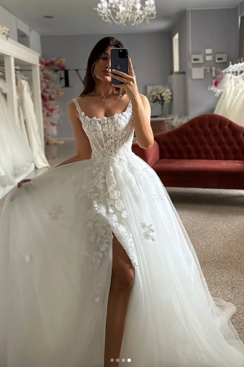 Jessica Lace Embroidery Evening Dresses Gorgeous White Prom Dresses  Side Slit Tulle For Women Wedding Party Dress Customized