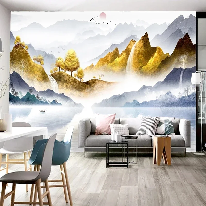 Foto Dinding Mural Abstrak Konsepsi Artistik Emas Lanskap 3D Fresco Dinding Kain Ruang Tamu Kamar Tidur Latar Belakang 3D Wallpaper