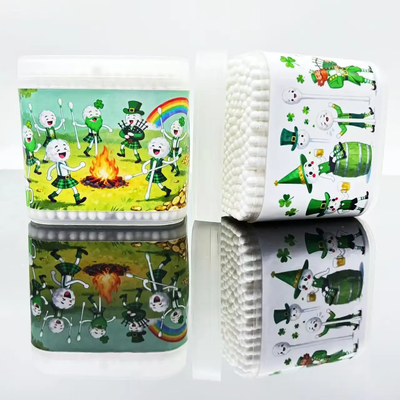 400 قطعة من مسحات القطن ذات الطابع المزدوج للقبعة الخضراء، أعواد أعواد قطنية مبتكرة لعيد القديس باتريك، أعواد قطنية مستديرة حلزونية بيضاء