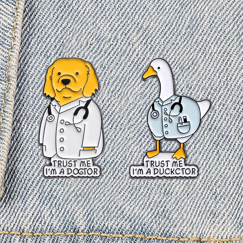 2pcs Dog Duck Animal Enamel Pins Trust Me I'm A Dogtor Duckctor Pun Brooches Backpack Collar Lapel Badge Cute Accessories Gift