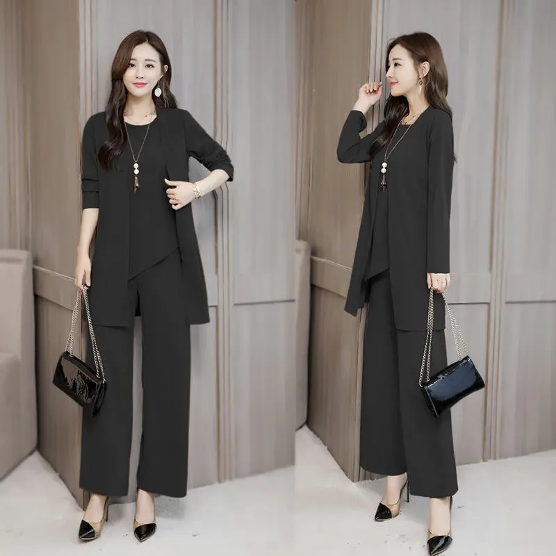 Spring Autumn Women\'s Shawl Tank Top + Wide Leg Trousers + Jacket Coat Two Piece Set Women Loose Long Sleeve Pants Sets