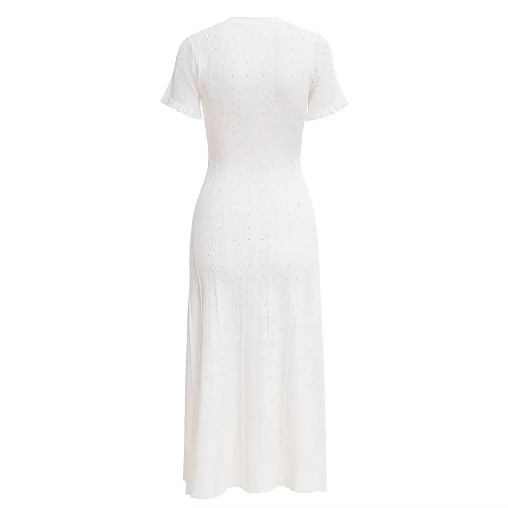 Summer Solid Round Neck Short Sleeved Office Lady Knitted Dress Women Korean Single Breasted Hollow Out Long Dress Fashion Trend