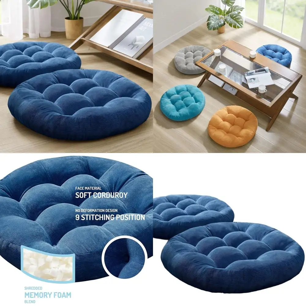 

Set of 2 Round Large Floor Cushions, Tufted Corduroy Pillows for Adult Seating, Navy Blue, 22 Inch