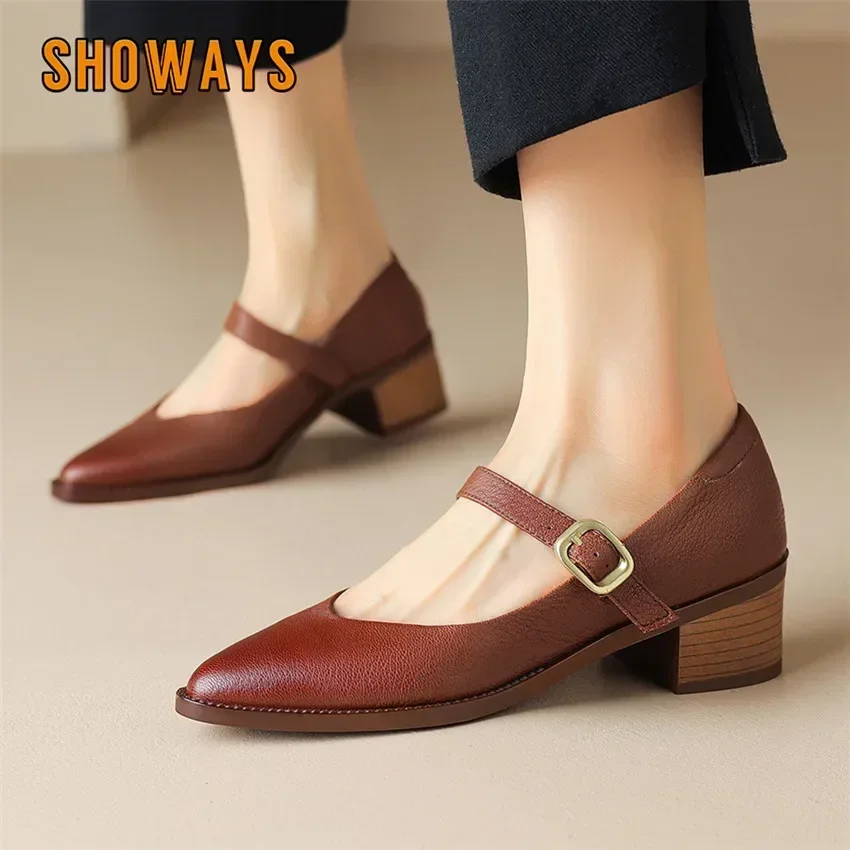 

Весенне-осенние женские туфли-лодочки из натуральной кожи с острым носком из овчины Мэри Джейн, бежевые, коричневые, черные офисные женские туфли на среднем блочном каблуке