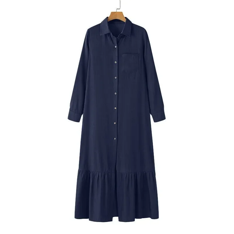 Women\'s Long Sleeved Loose Denim Dress with Lapel Button Up Cardigan Solid Color Casual Loose Denim Long Dress