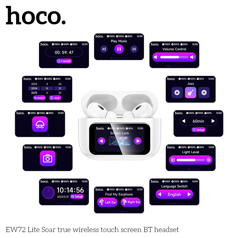 HOCO EW72 Lite Wireless Touch Screen Bluetooth Headset LED Power Display In Ear Sport Game Headphones with Charging Box White