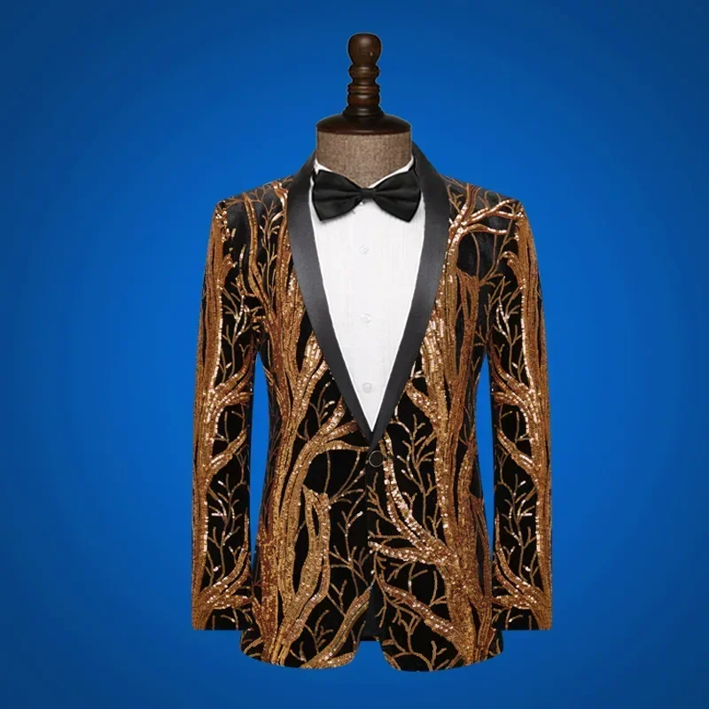 

HOO 2024 Men's Sequined Suit Jacket Green Collar Singer Host Performance Studio blazers