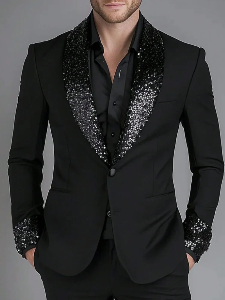 

Classic Black Men Suits Shawl Lapel Sequin Patchwork Slim Fit Groom Party Suits Coat Fashion Wedding Male Blazers Costumes Homme
