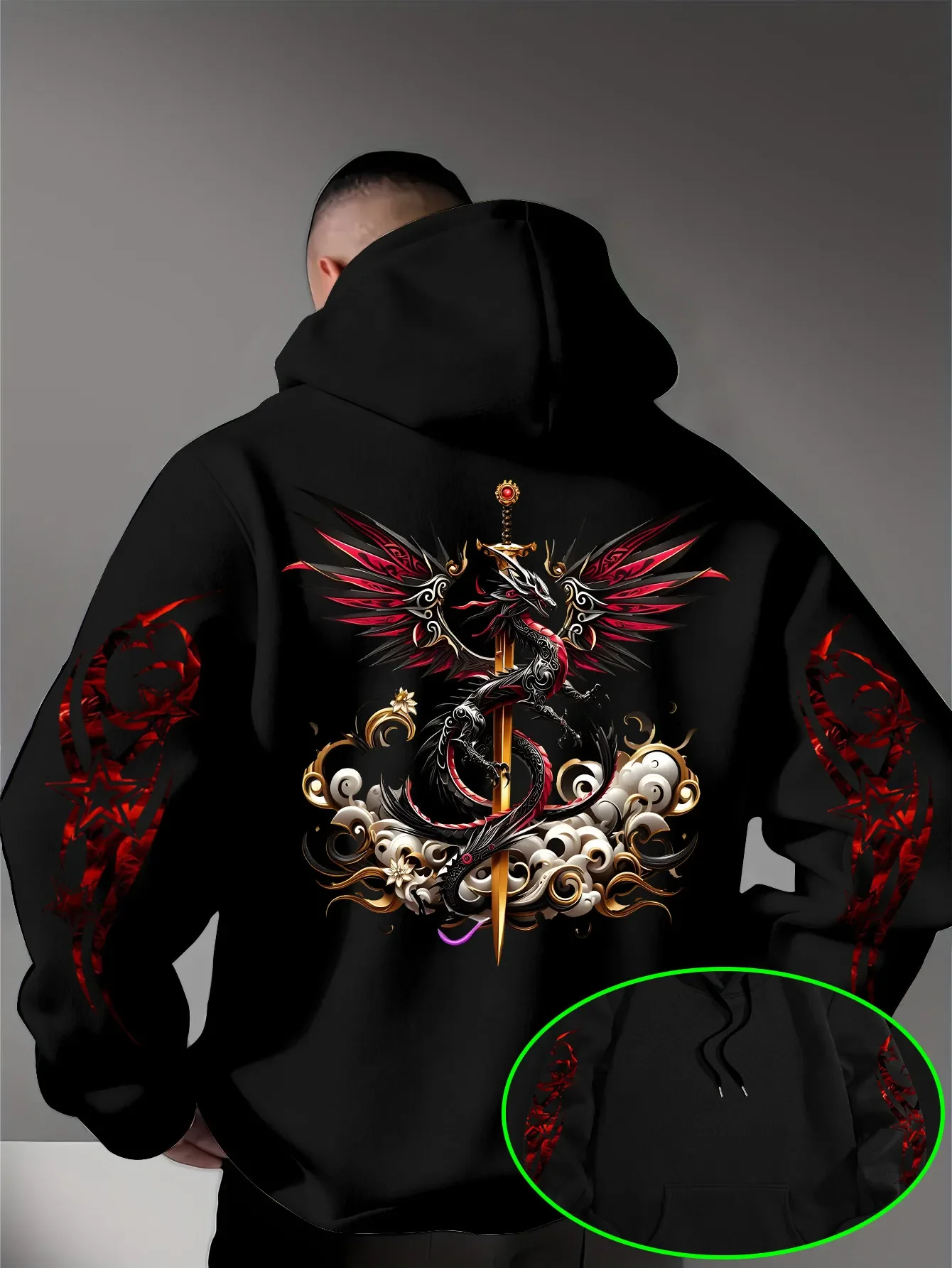 Men Cool Myth Dragon Hoodie Winged Dragon Sword Pattern Back Sleeve Graphic Hooded Sweatshirt Loose Fleece Hoodie
