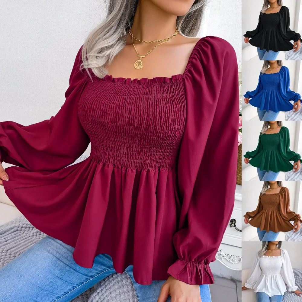 Women Chiffon Blouse Fashion Square Neck Bell Sleeve  Spring Summer Long Sleeve Casual Personality Shirt Ruffles Peplum Top