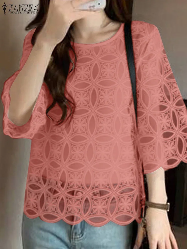 

ZANZEA Women Summer Blouse 2025 Elegant OL Tops 3/4 Sleeve Lace Patchwork Tee See-through Hollow Out Blusas Streetwear Tunic