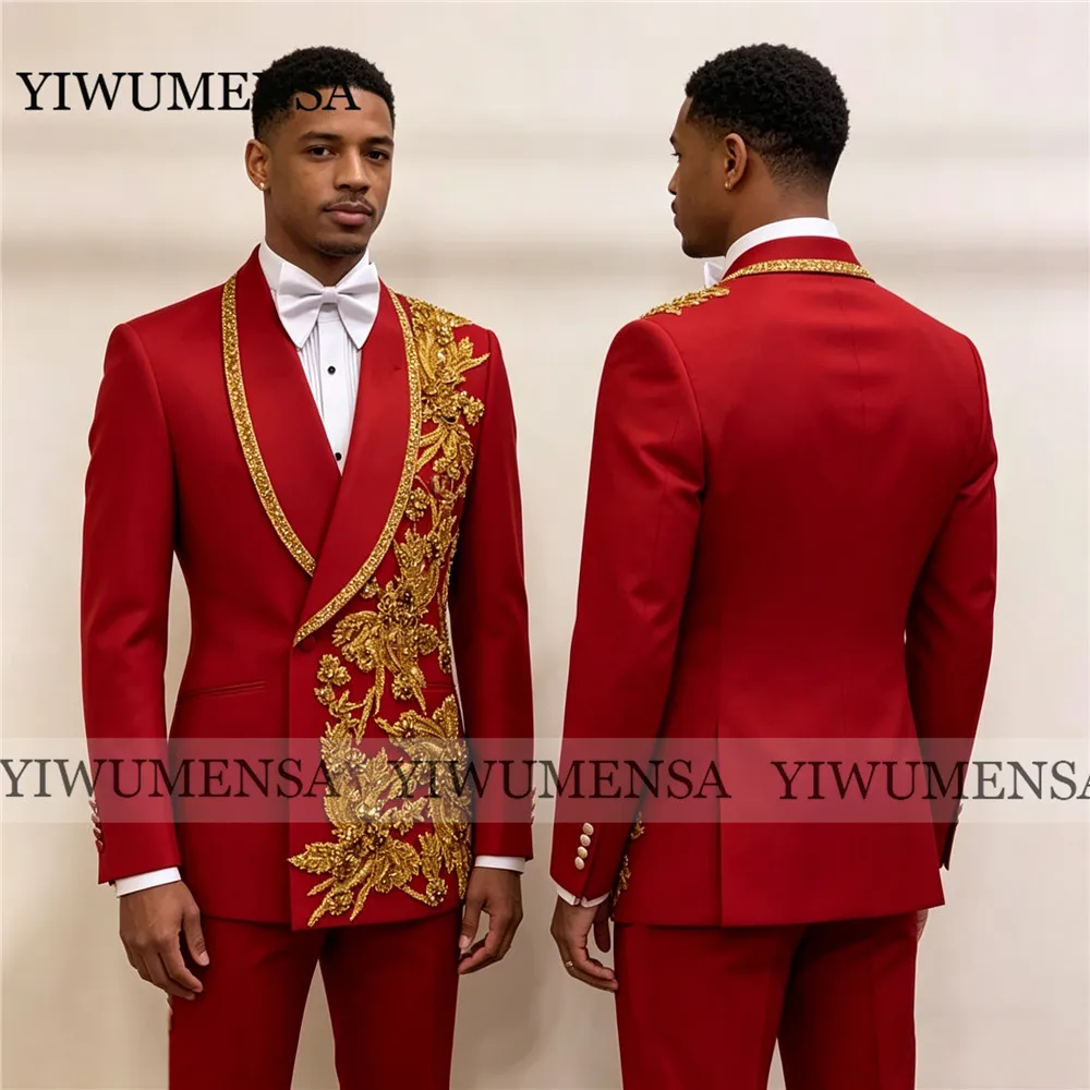 

Мужские костюмы с аппликацией из страз, 2 предмета, с шаль-воротником, двубортные, для вечерних мероприятий, выпускных вечеров, смокинги 2026, индивидуальный пошив, люкс