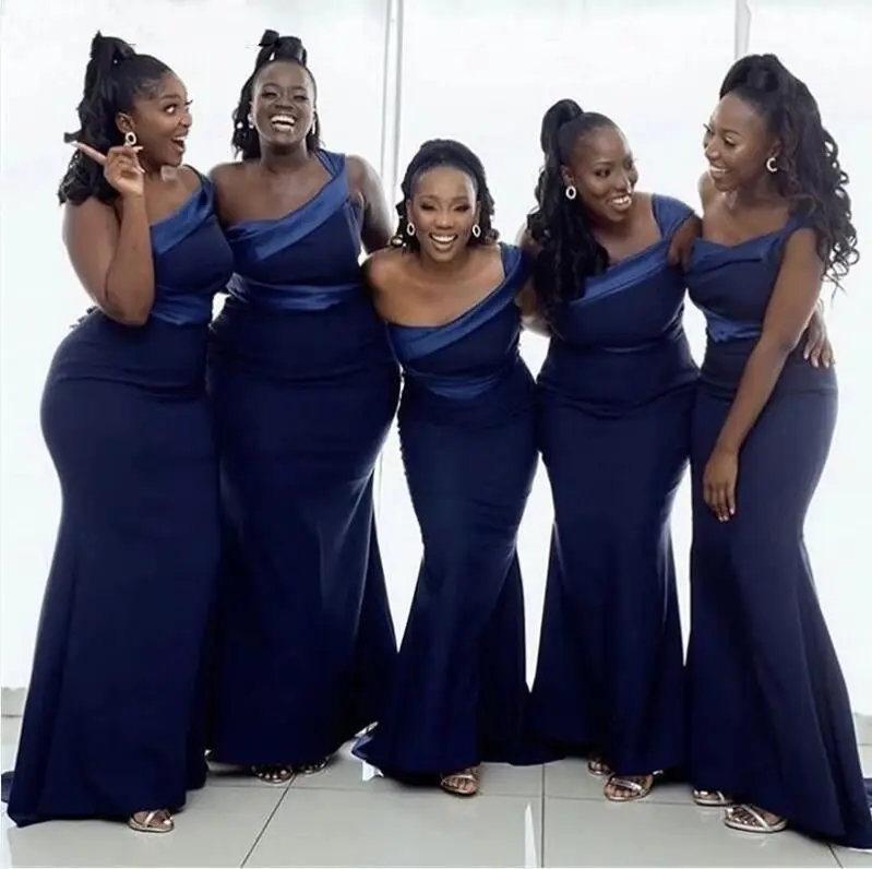 

Customized Simple African Elegant Navy Blue One Shoulder Mermaid Bridesmaid Dresses Plus Size Maid of Honor Party Gowns YBD4