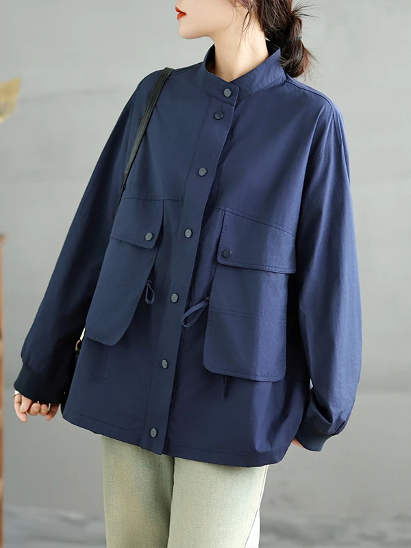 

Casual Sle Cotton Workwear Coat Loose Fit Casual Long Middle Length Stand Collar Windbreaker for Women Autumn Season