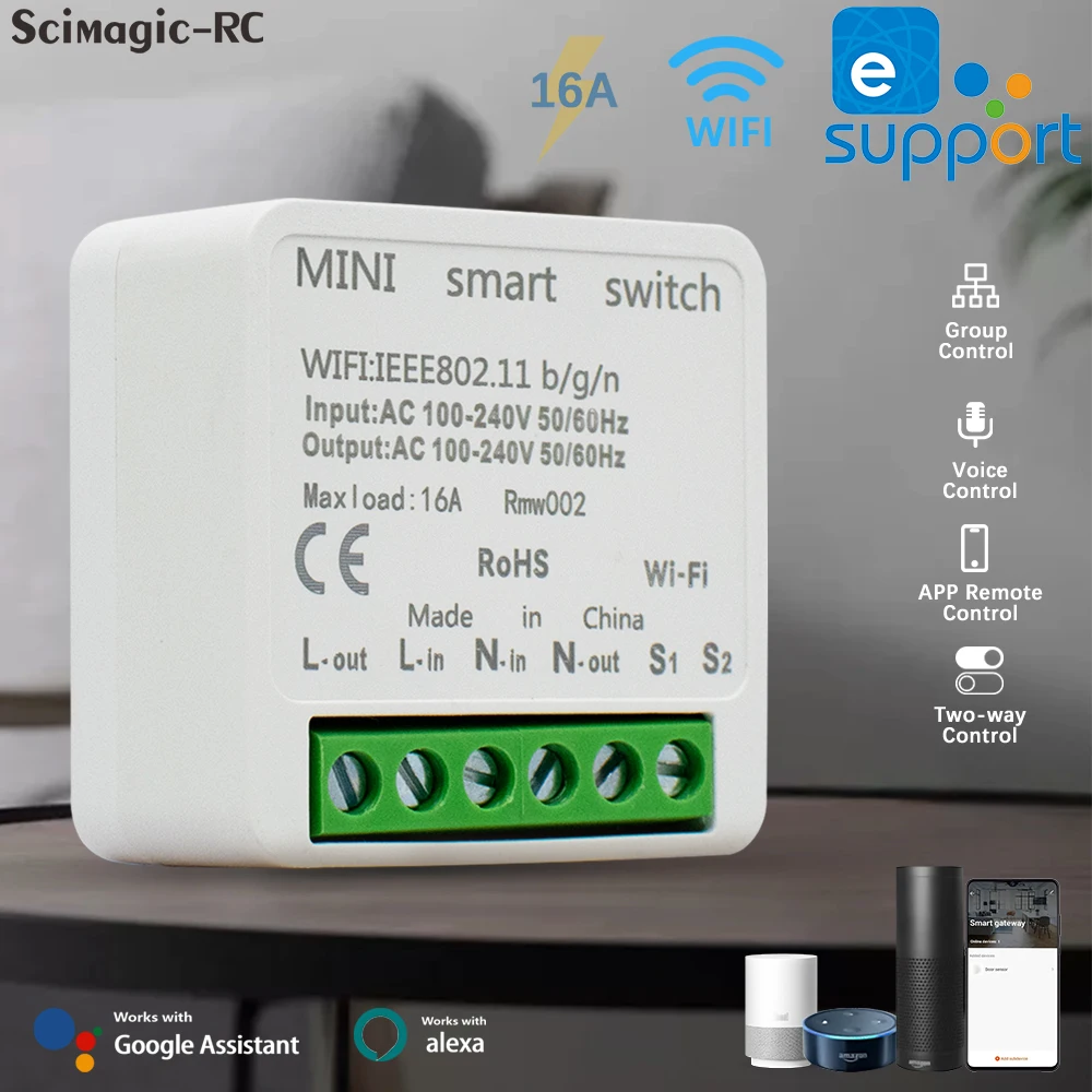16A eWelink Mini WiFi Smart Switch AC 100-240V Circuit Breaker Smart Home Automation Module Timer DIY Alexa Google Home Alice