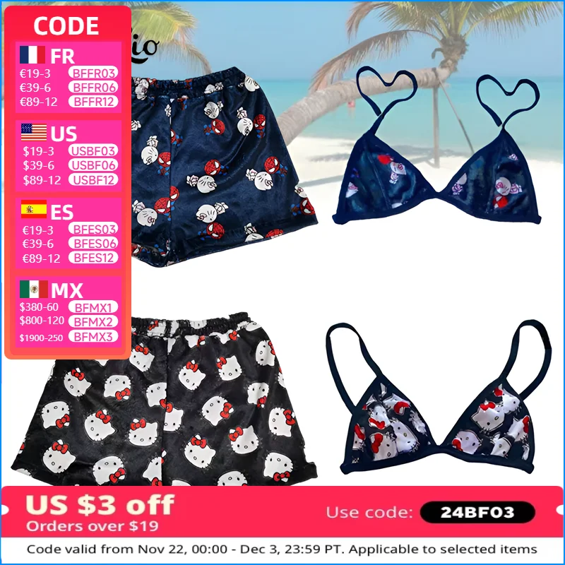 Sanrio Hello Kitty Women Pajamas Set Casual Sleepwear Tank Top Shorts Split Strap Adjustable Sexy Plush Underwear Summer Bikini