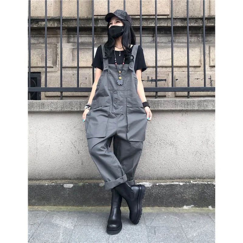 Solid Jumpsuits for Women Loose Harajuku Straight Pants One Piece Outfits Women Workwear Korean Style Casual Vintage Playsuits