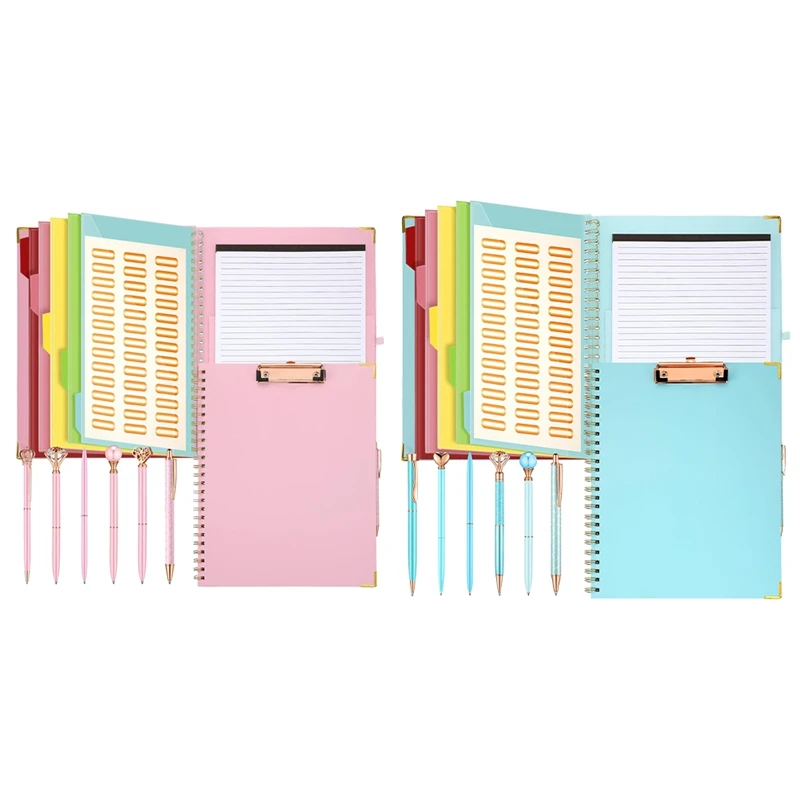 

Refillable Notepad Ballpoint Pen Set,5Dividers With 10 Storage Pockets Clipboard Binder Crystal Diamond Pen For School