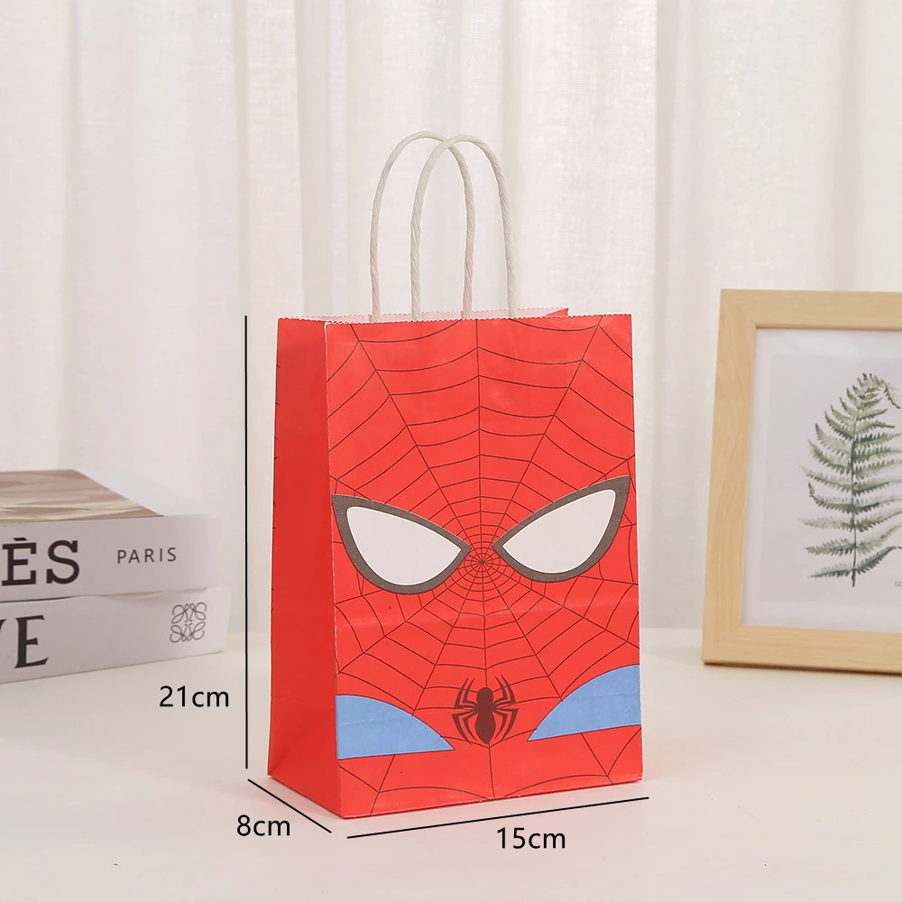 12pcs Disney Large Kraft Paper Bag With Handles For Guest Gift Food Package Spiderman Gift Bag For Kids Birthday Party Candy Box