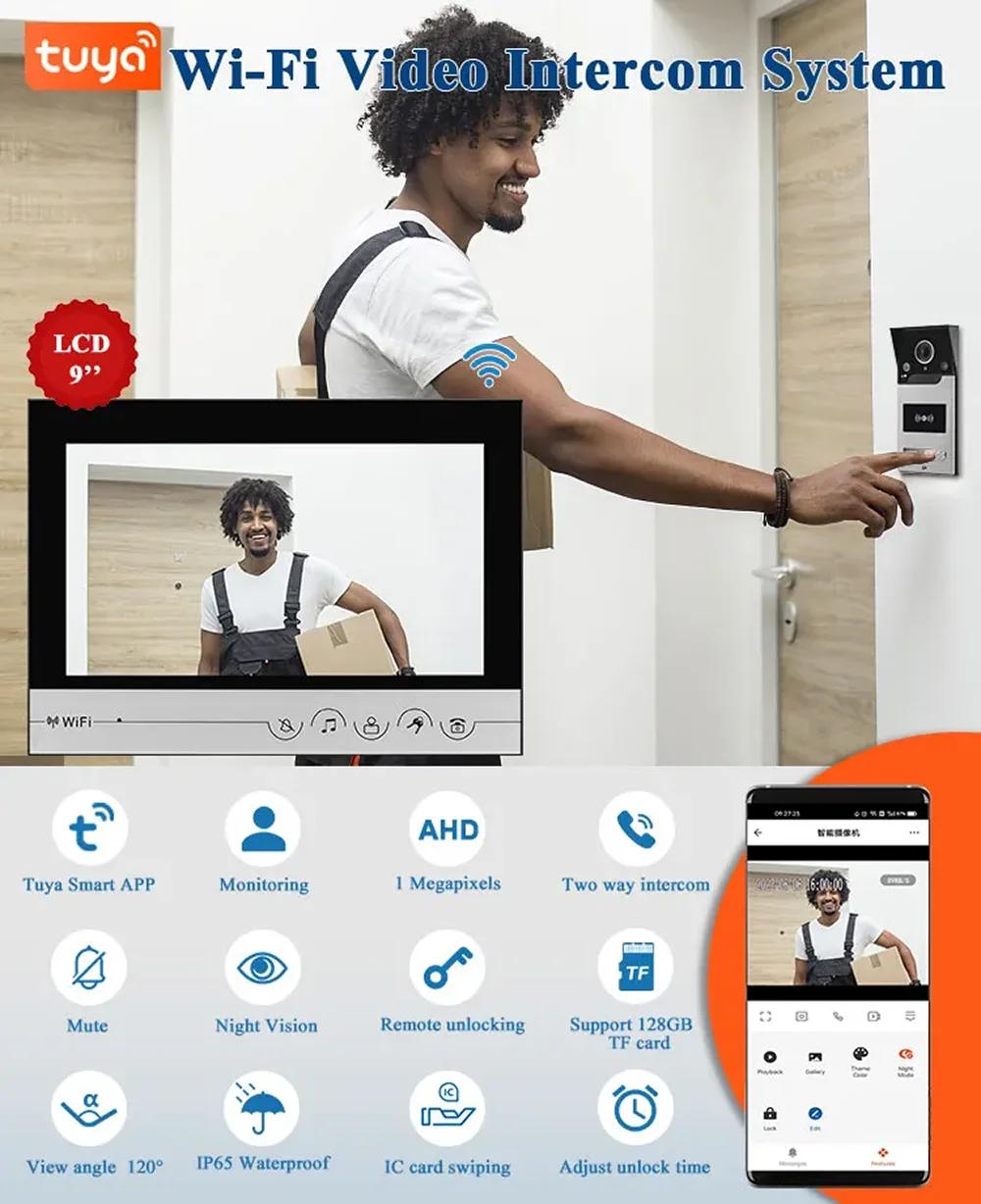 9 inch Tuya WIFI Video Door Phone Intercom System With RFIC Card Unlocking Access Control Function Wide Angle HD Camera
