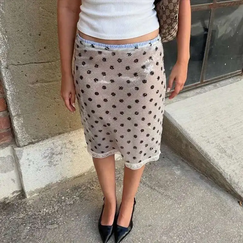 

Dot Printed Vintage Long Skirt High Waist Summer Midi Skirts Lace Spliced Office Ladies A-line Skirt Fashion Women's White Skirt