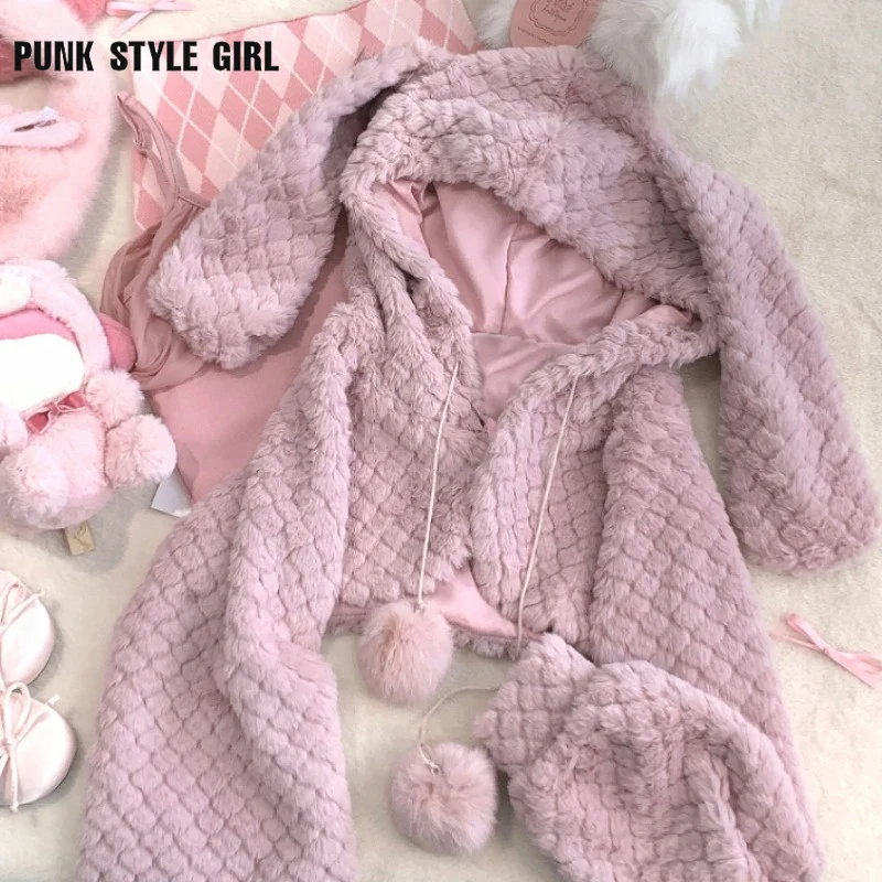 

Bear Bunny Ears Hooded Kawaii Coats Women Sweet Y2k Cute Plush Ball Warm Cardigan Short Jacket Vintage Solid Korean Outwear Tops