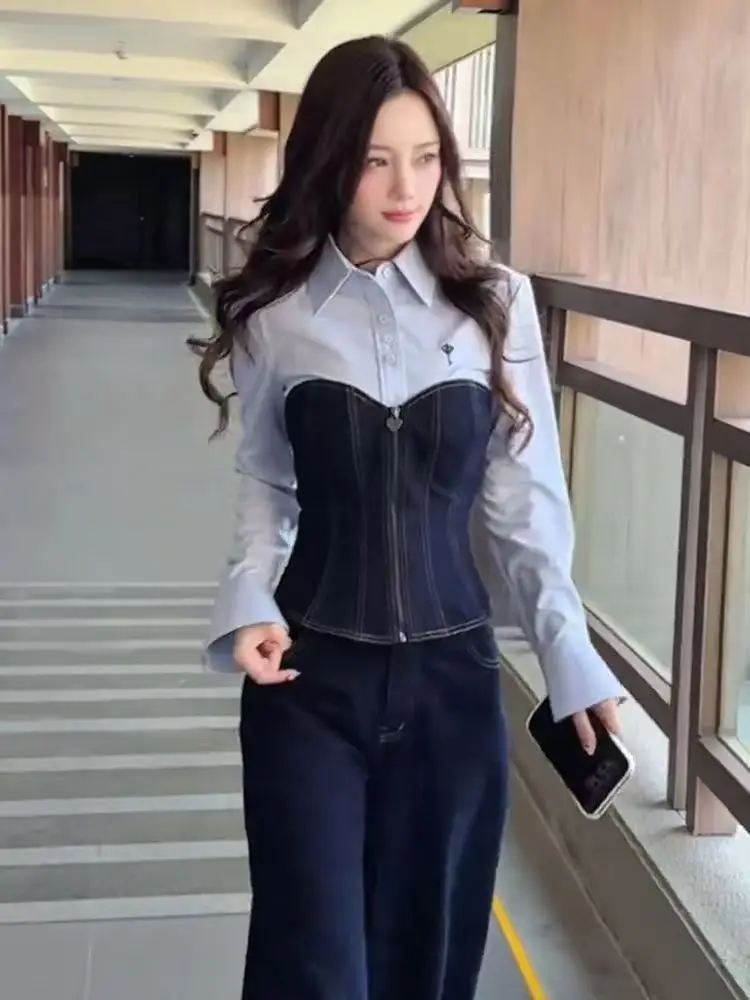 Blau Denim Patchwork Hemd Schlank Taste Zipper Denim Jacke Frauen Bluse Langarm Polo Kragen Koreanische Casual Frauen Mäntel Frühling